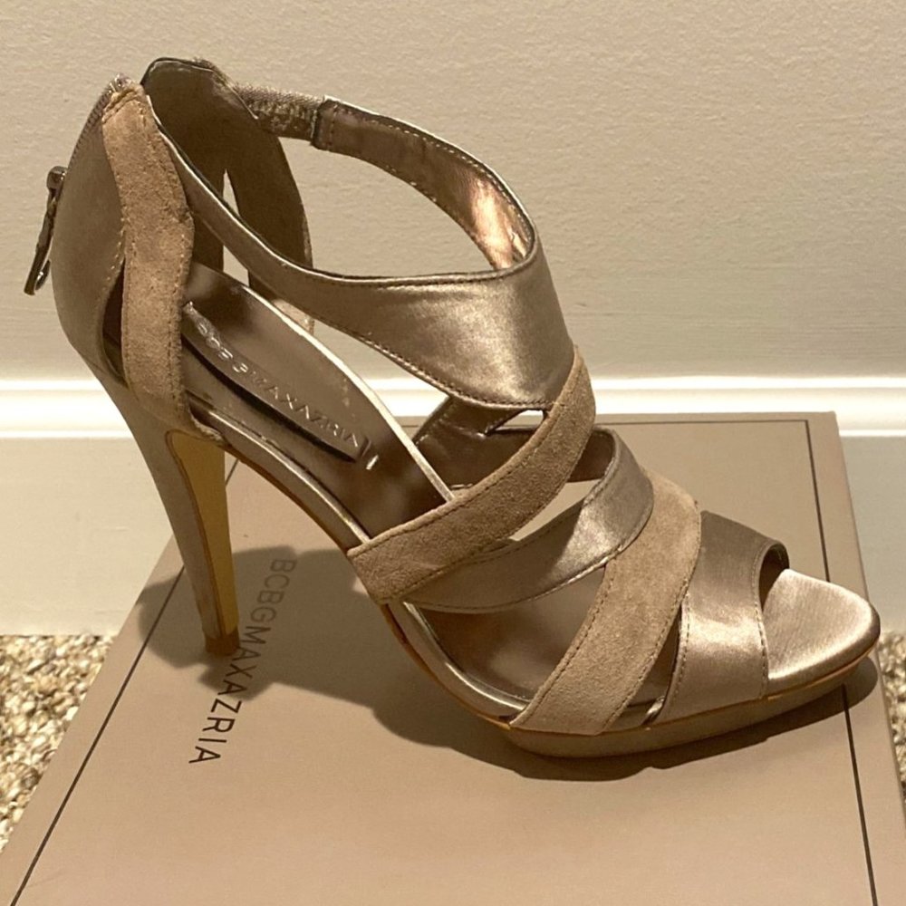 BCBG Rosalind Mushroom Satin/Suede Calf Heels